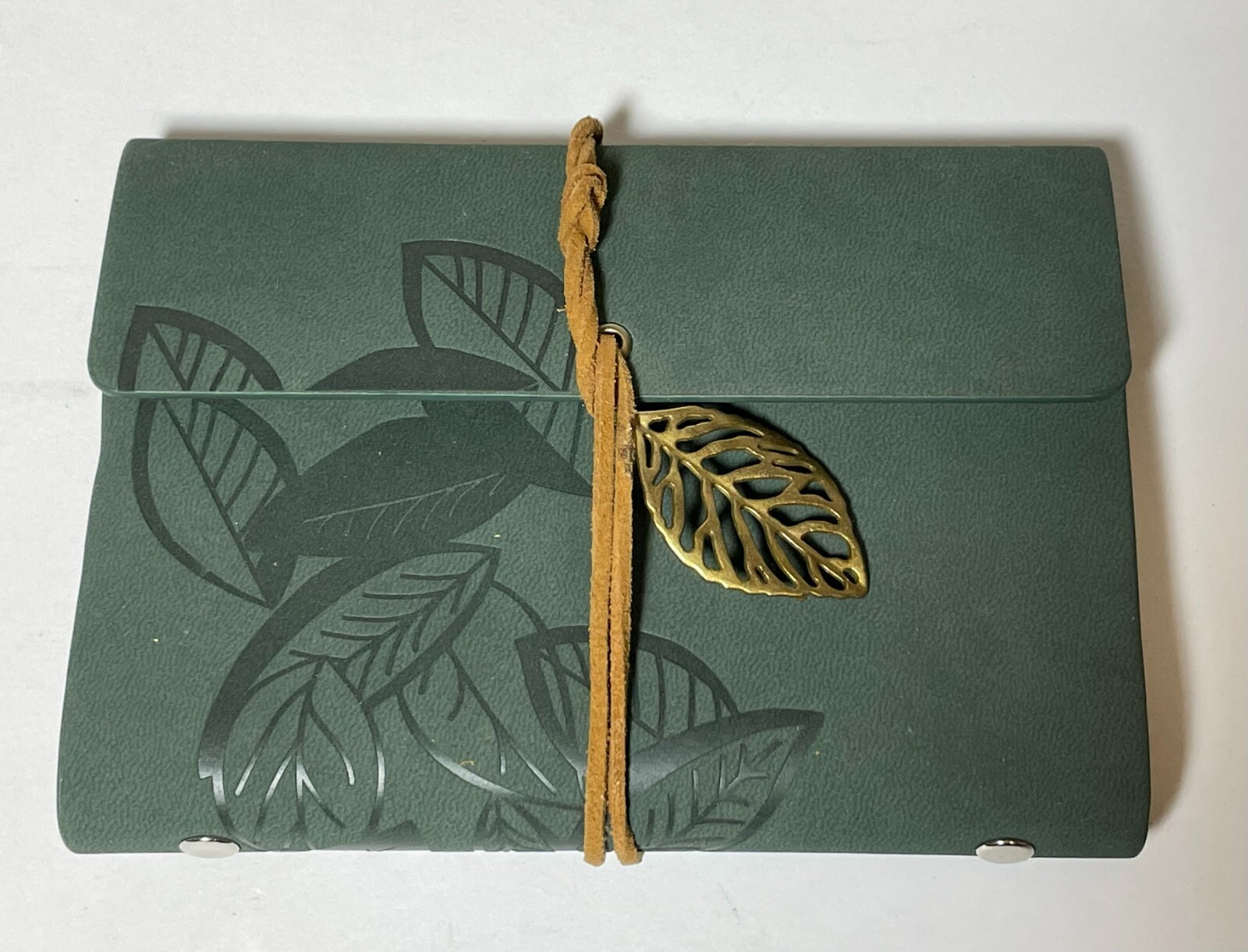 Handmade Pocket Journal Embossed PU Leather Leaf Motif Metal Strap with Charm