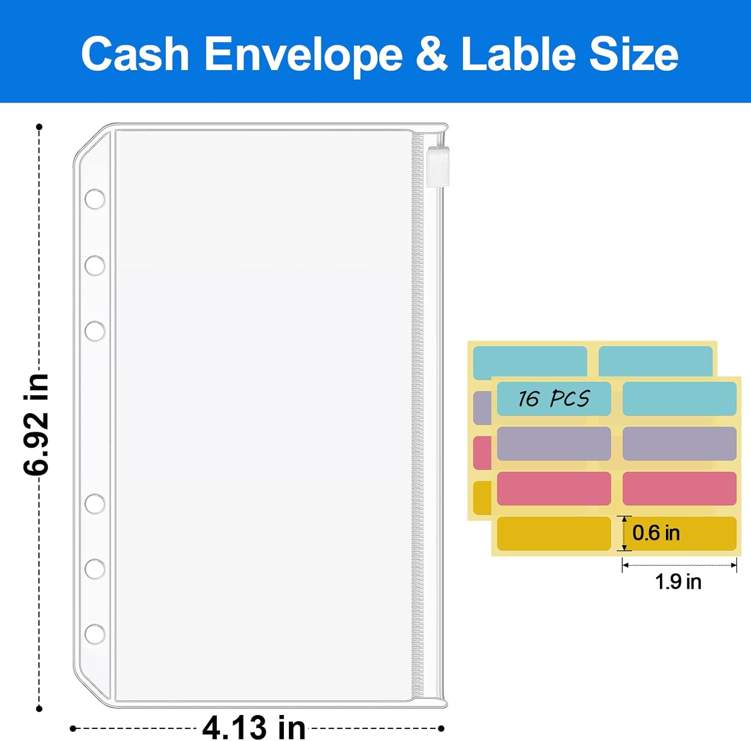 16PCS A6 Binder Pockets 6 Holes Cash Envelopes for Budgeting, Clear Zipper Pouch