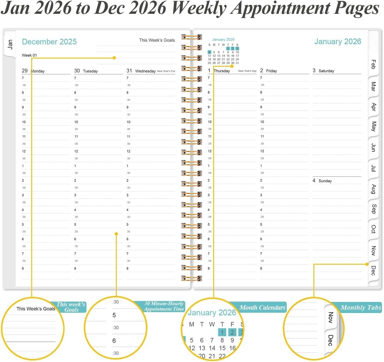 Elegant 2026 Daily Hourly Planner, 6.4” x 8.5”, Rose Color, 30-Min Intervals