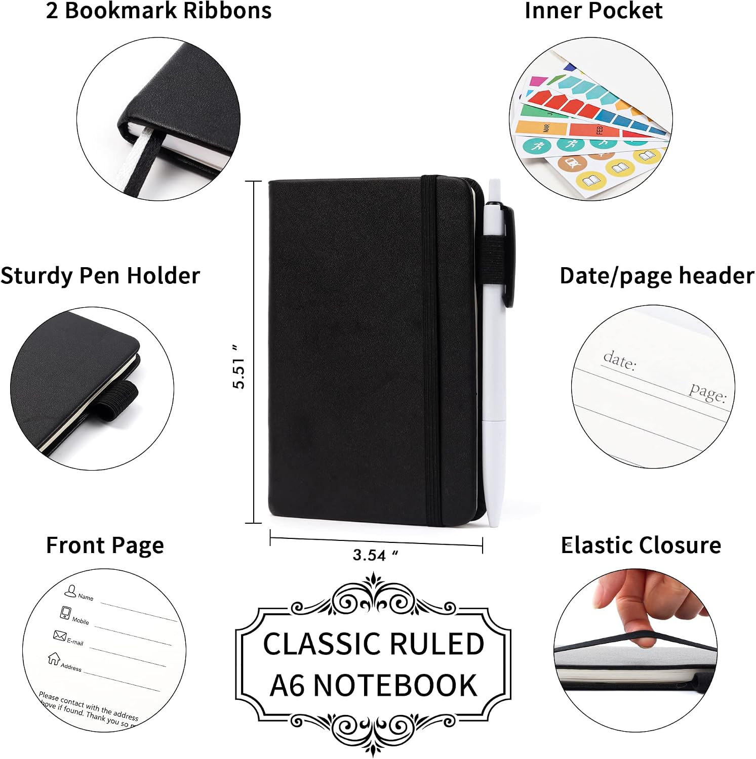 Feela 3 Pack Pocket Notebook Journals with 3 Black Pens, A6 Mini Cute Small Jour