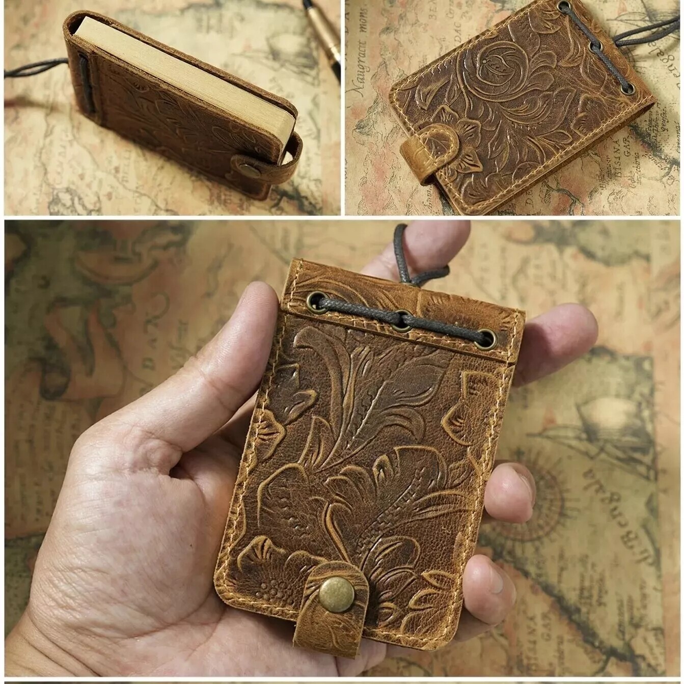 Portable Pocket Notebook Leather Mini Vintage Book Notepad Handmade Brown/Black
