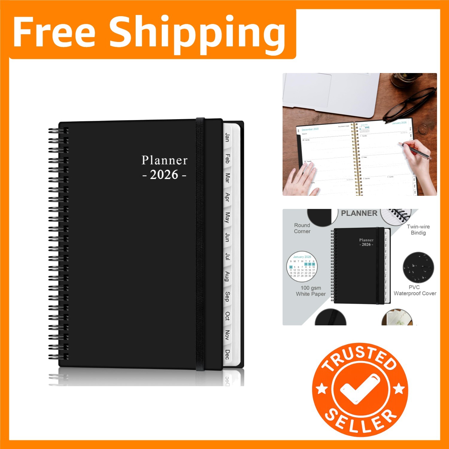 2026 Planner with Durable Hardcover: Inner Pocket & 12 Tabs, 6.4″ x 8.5″