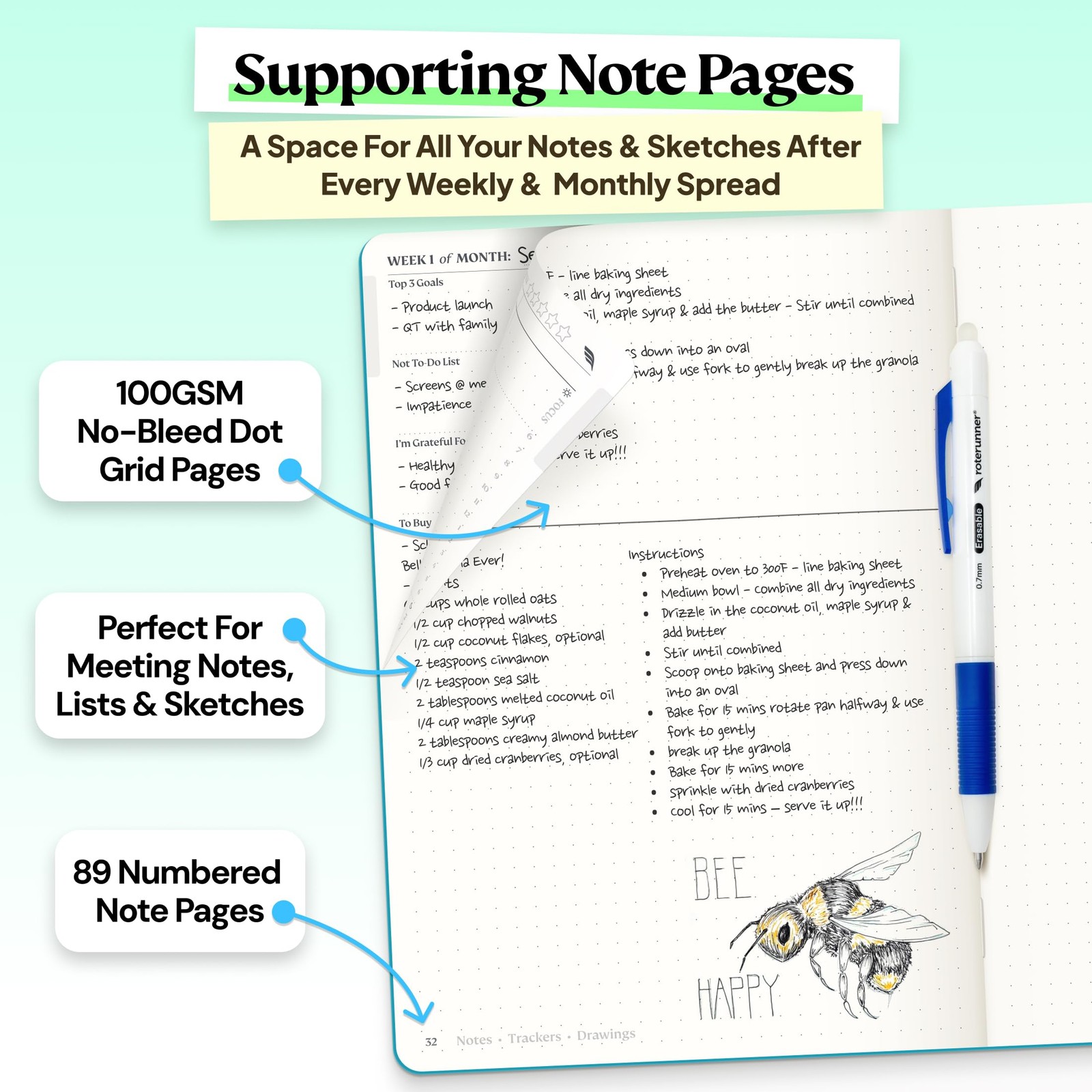 Roterunner Purpose Planner Notebook A5 5.8”x8.3” Undated Hardcover, Teal