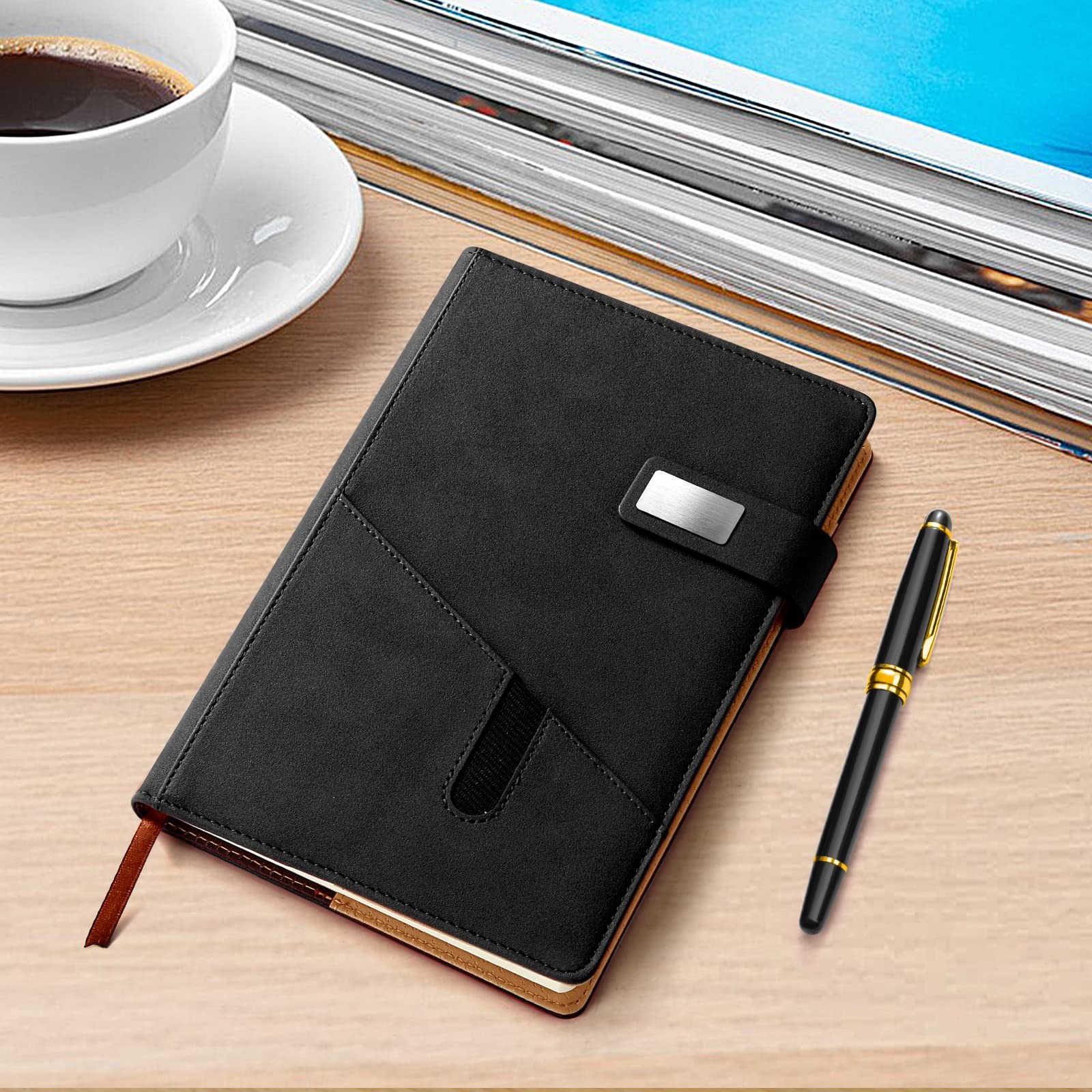 A5 Lined Leather Journal with Pen, 240 Pages Refillable Paper, Black