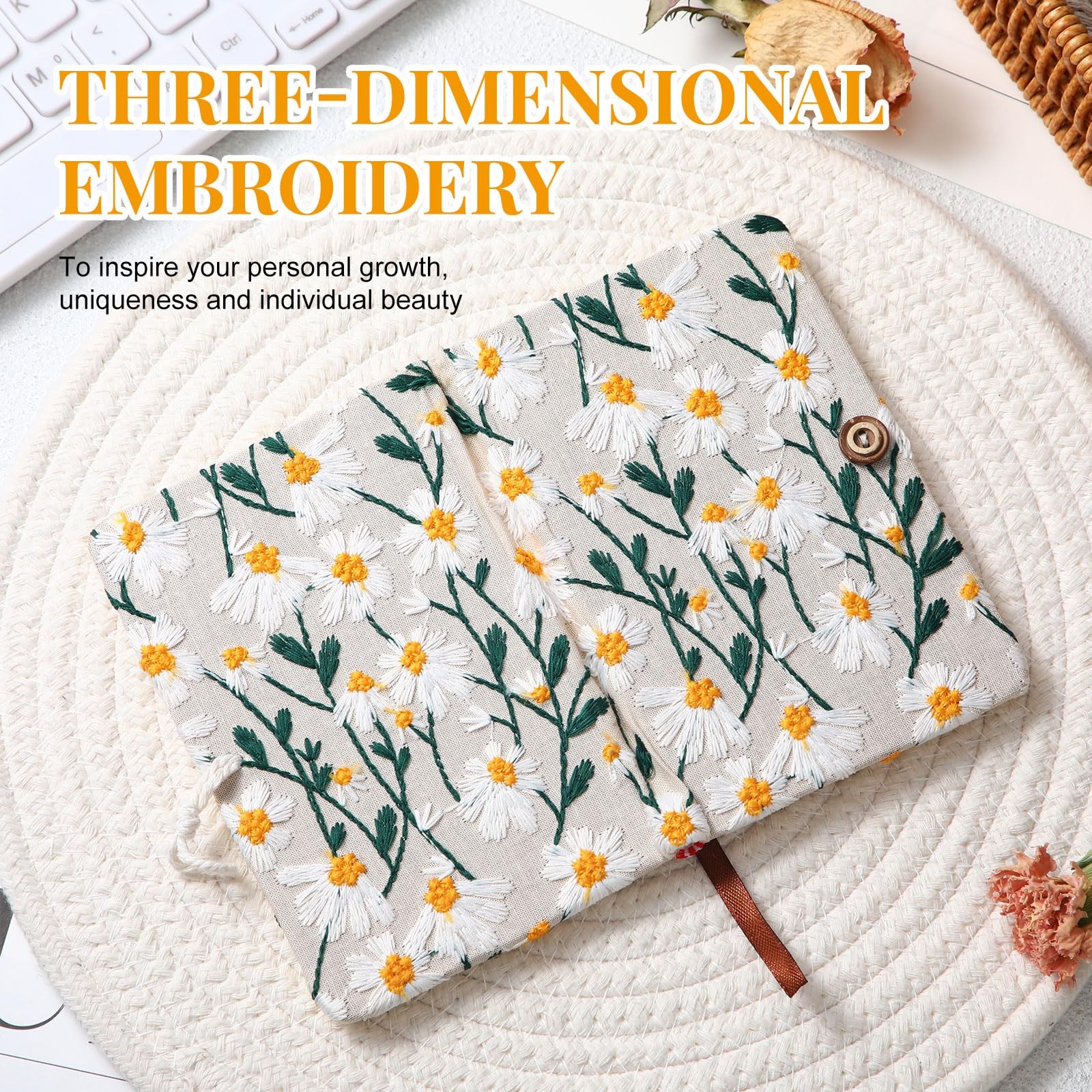 Dunzoom Daisy Journal Gifts for Women Embroidered Flower White