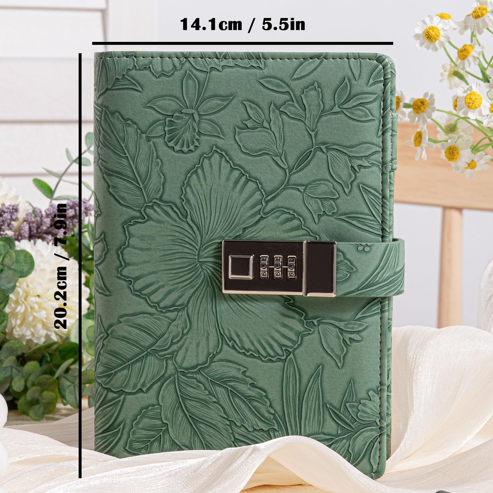TIEFOSSI Diary with Lock for Women, 3D Embossed Journal Lock, A5, Green