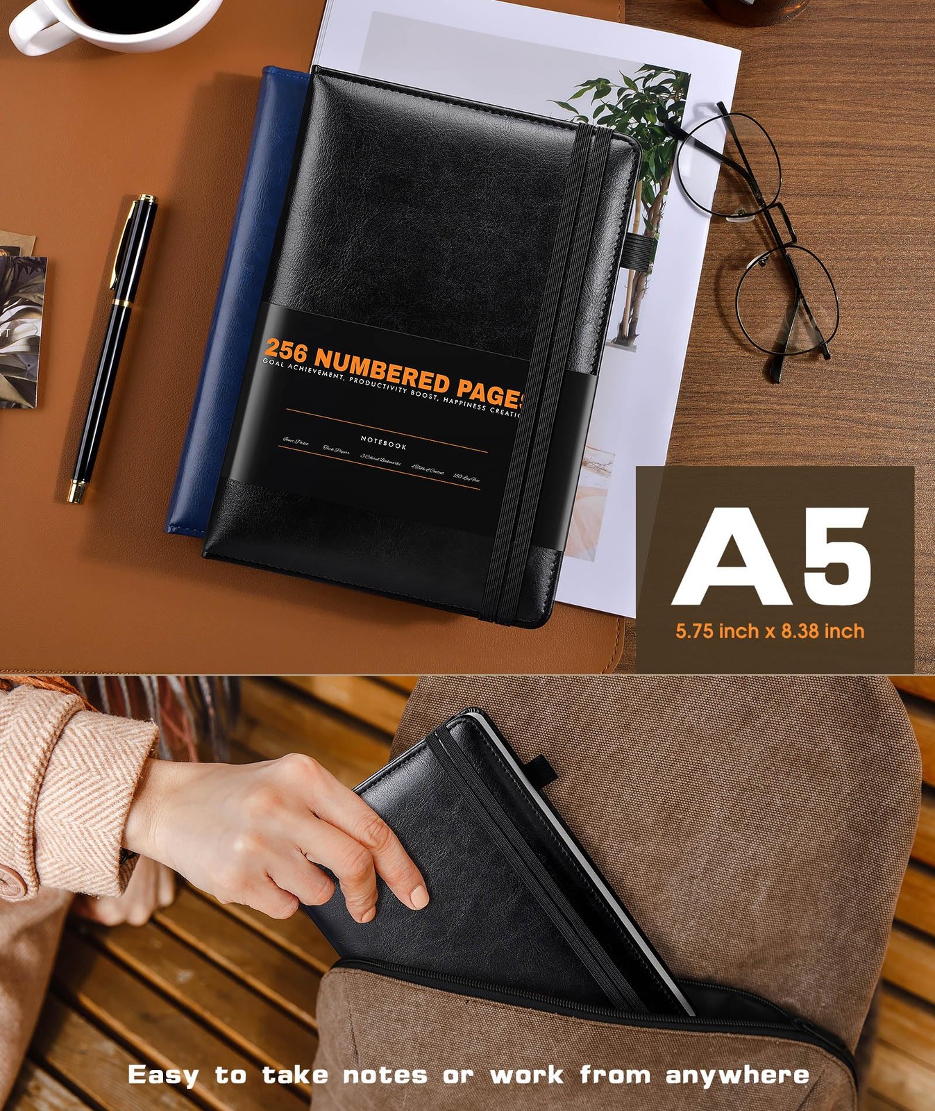 Lined Journal Notebook for Women Men, 256 Numbered Pages Hardcover Black