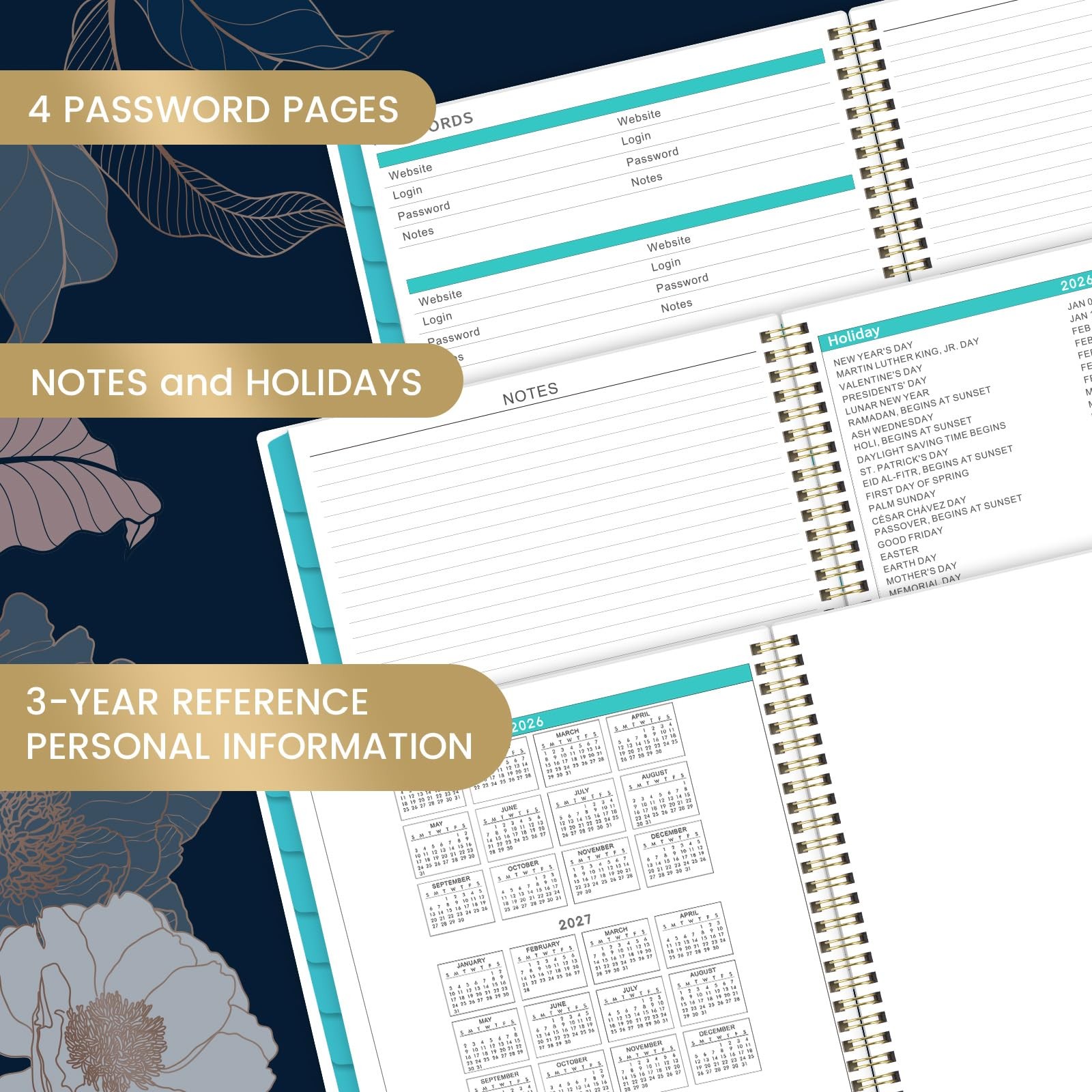 Monthly Calendar 2026, Twin Wire Binding, Floral Design, Thick Paper, Blue
