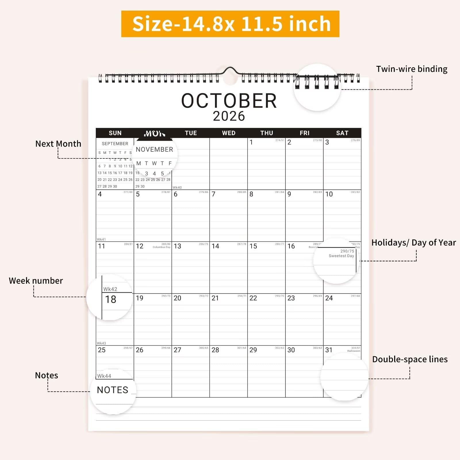 2026 Wall Calendar, 12 Month 11.5”x14.8 ‘’ Year Monthly White2_11x14.5_Vert
