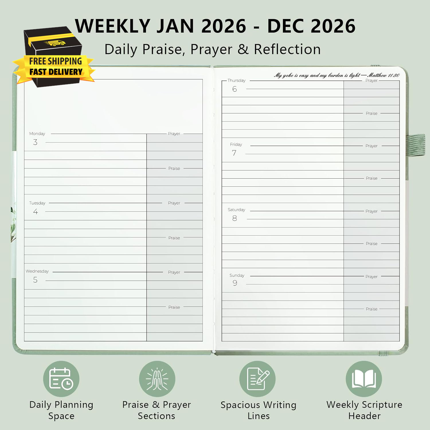 2026 Christian Planner for Women & Man – 5.7″X8.3″ 12-Month Hardcover Bible Jour