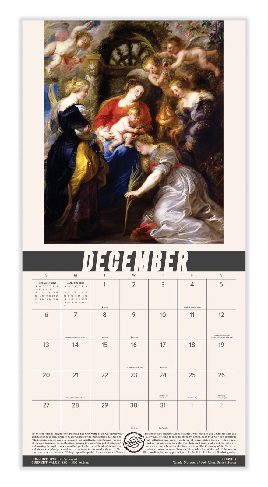 Stolen Art Calendar 2026 | 12″ x 24″ 12 Month Calendar | Marble City Press