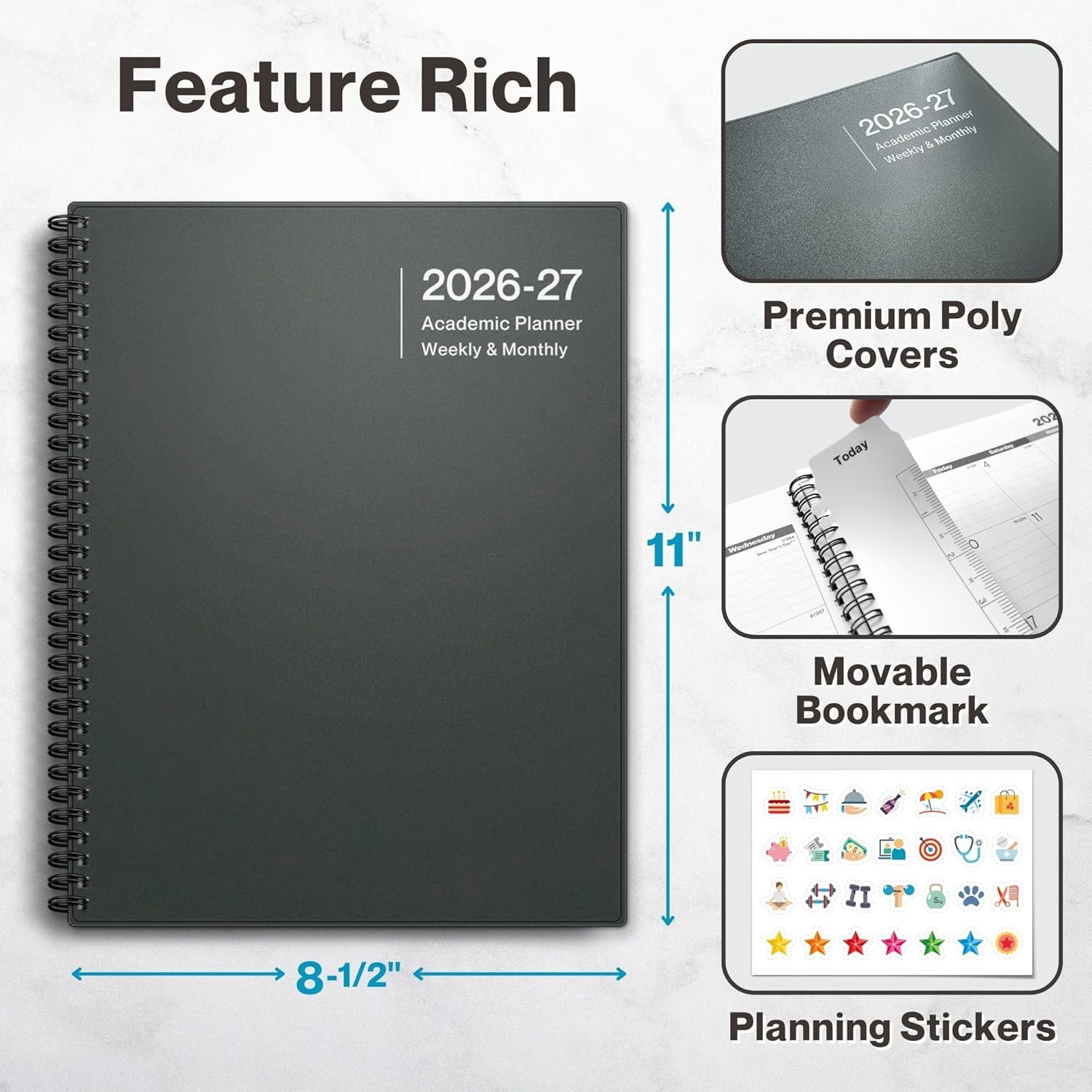 Planner 2026-2027 8.5×11 Weekly & Monthly Calendar Charcoal Gray Spiral Bound