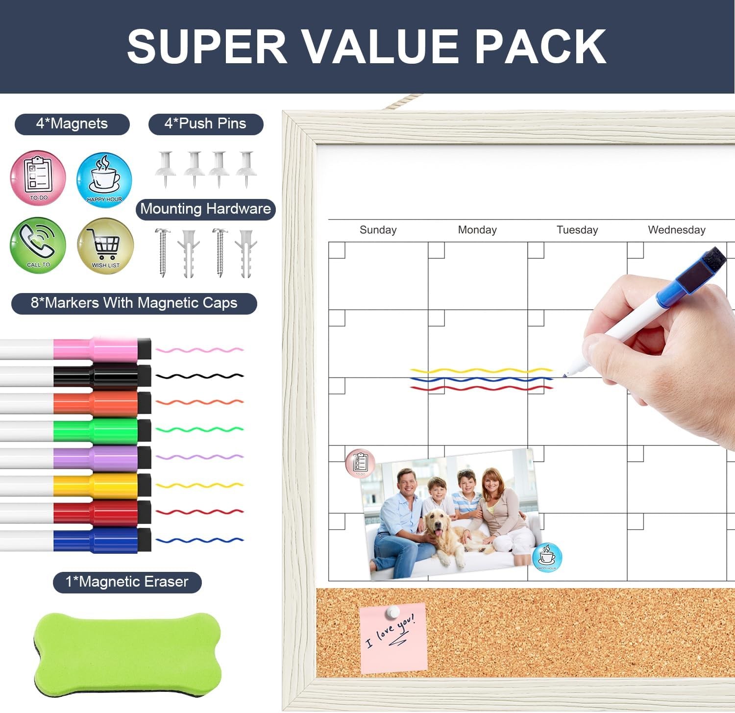 Calendar Whiteboard for Wall, TANKEE 17×13 Inches Whiteboard Calendar Cork Board
