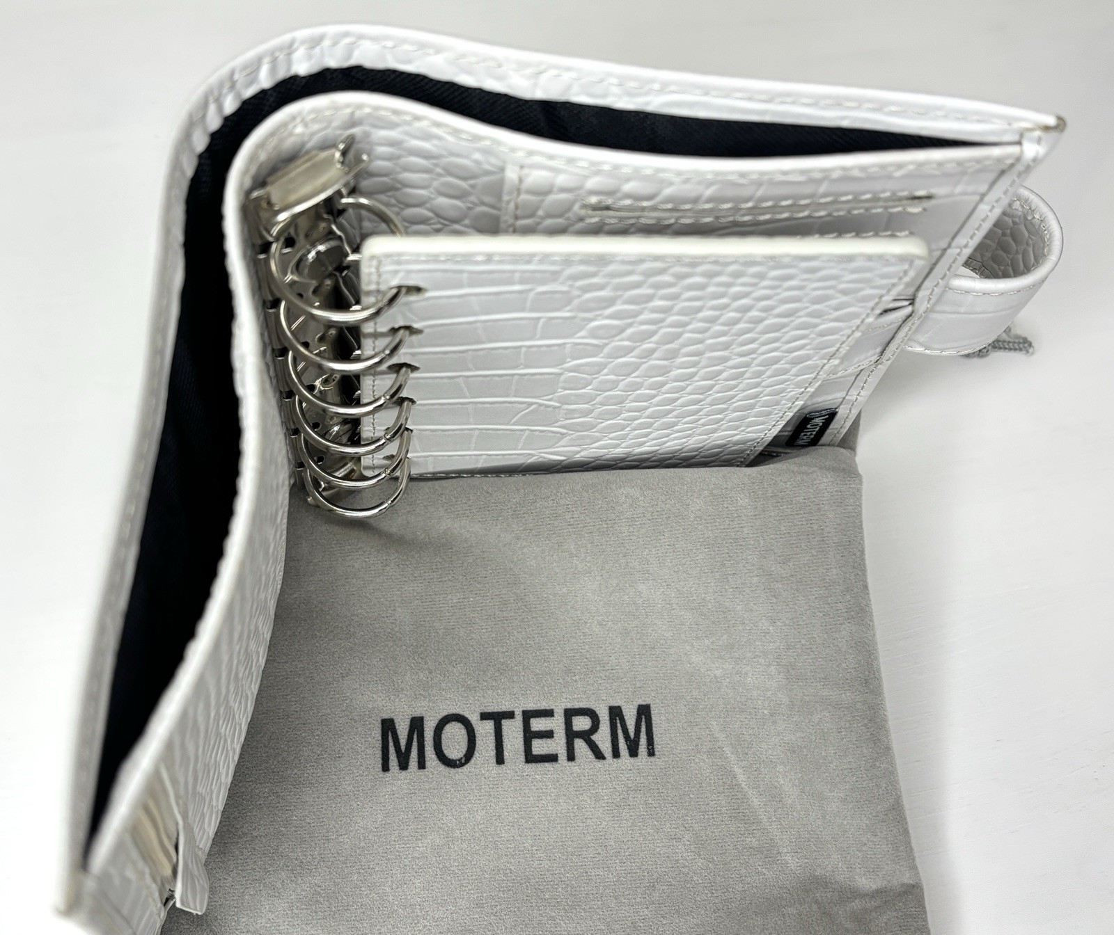 Moterm A7 Pocket Leather Rings Planner White/Light Grey Croc Wallet Organizer
