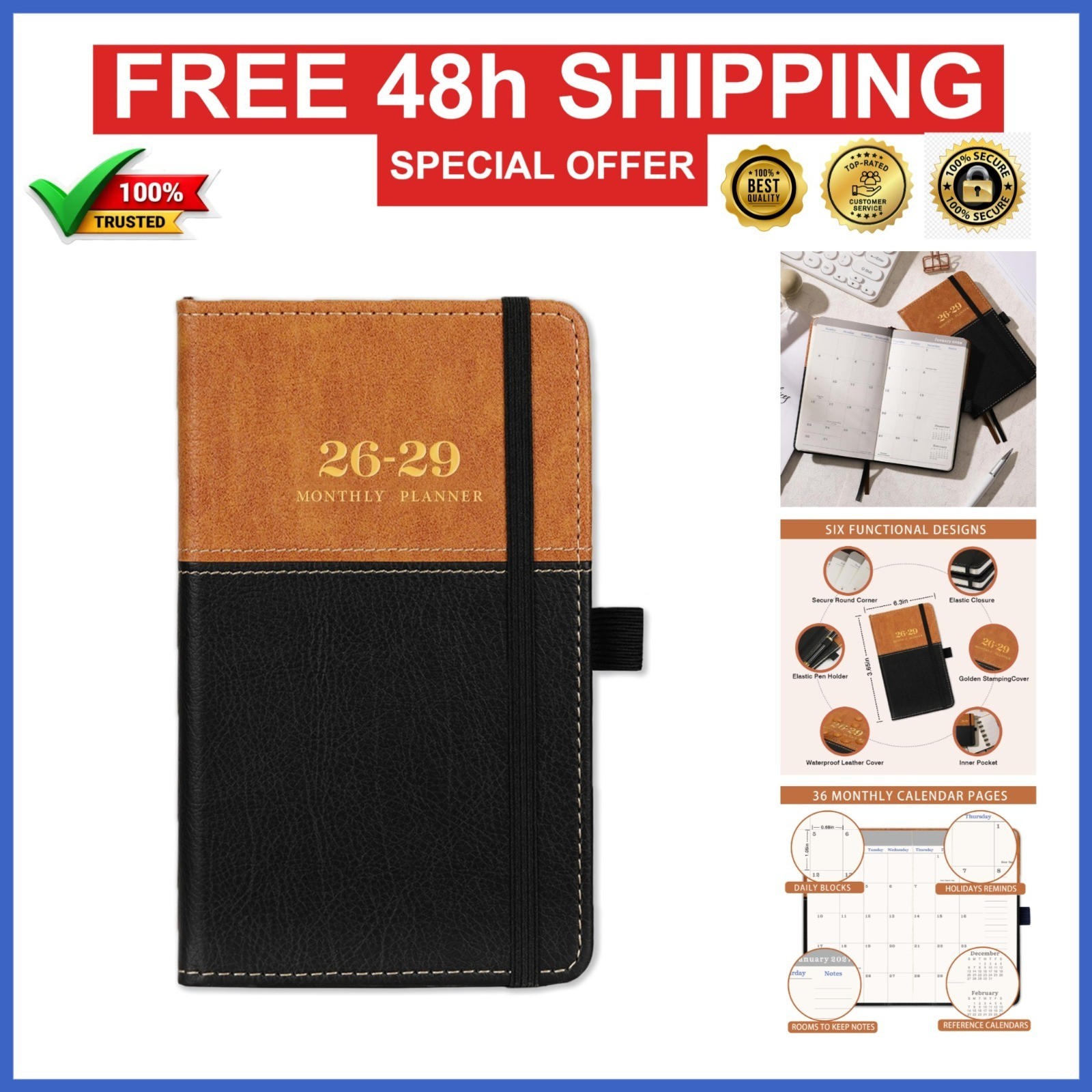 2026-2029 Pocket Planner – Monthly Calendar with Elastic Closure