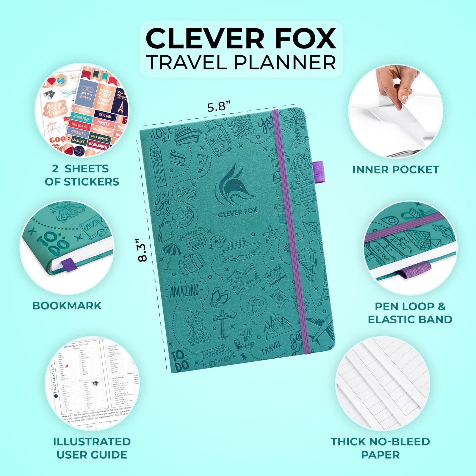 Clever Fox Travel Journal – Vacation & Trip A5 (5.8″ x 8.3″), Turquoise
