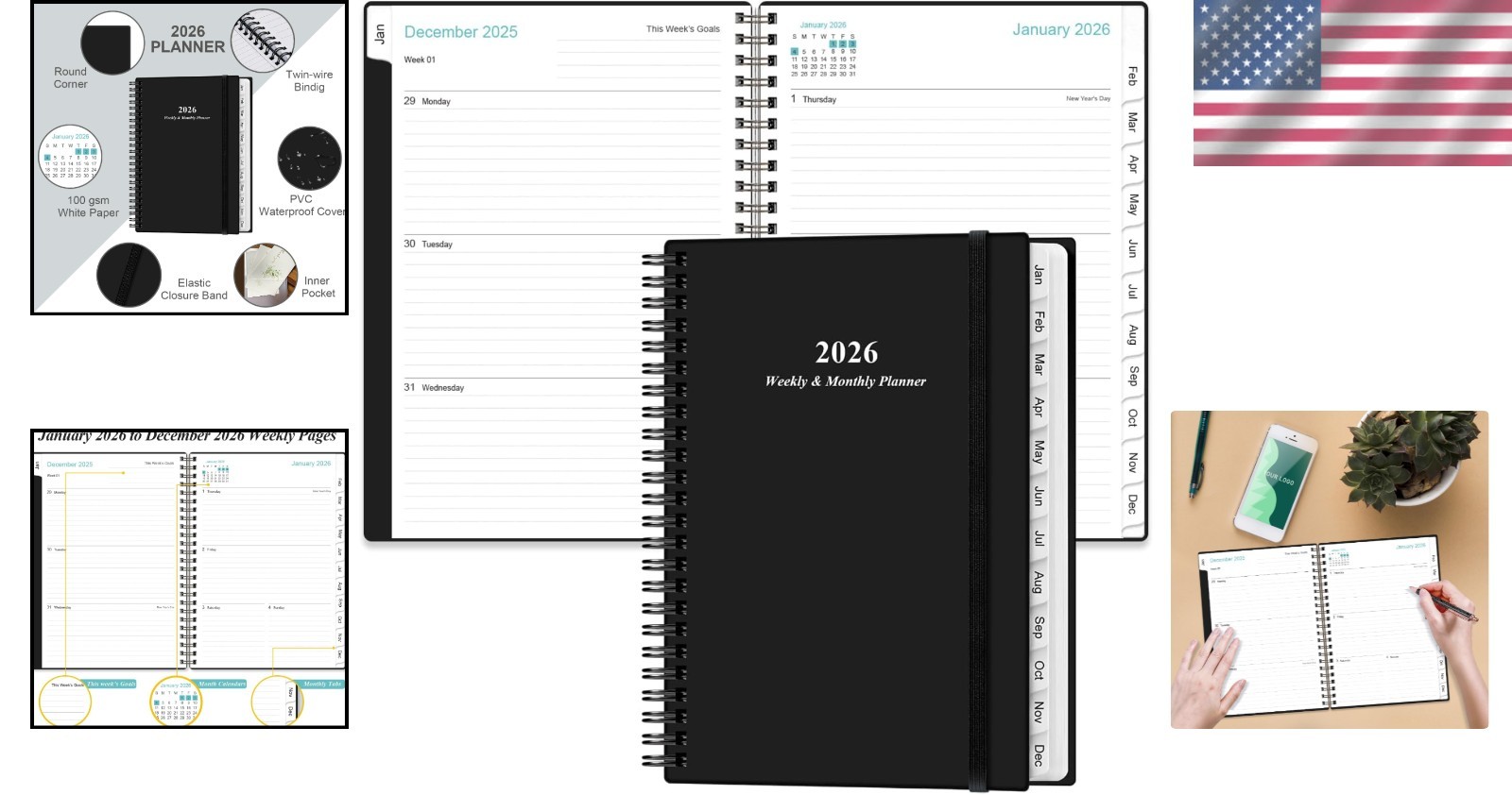 Black A5 2026 Planner with Thick Paper & Flexible Cover for Organization