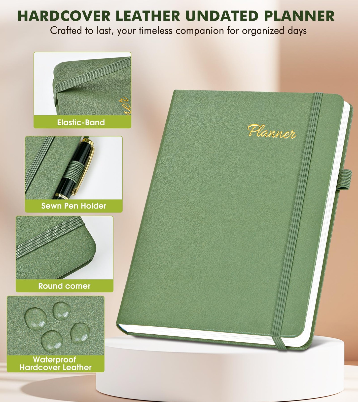 Undated A5 Weekly Monthly Planner Hardcover Leather Goal Habit Tracker Green