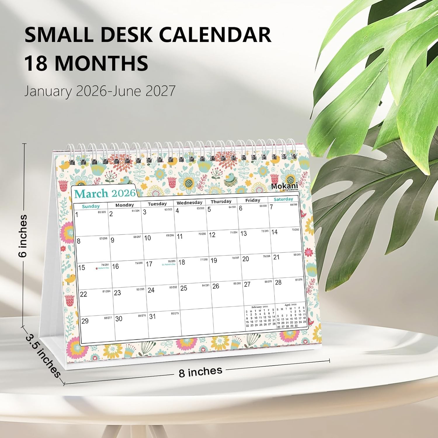 Small Desk Calendar 2026-2027, Mokani Standing Desktop Calendar