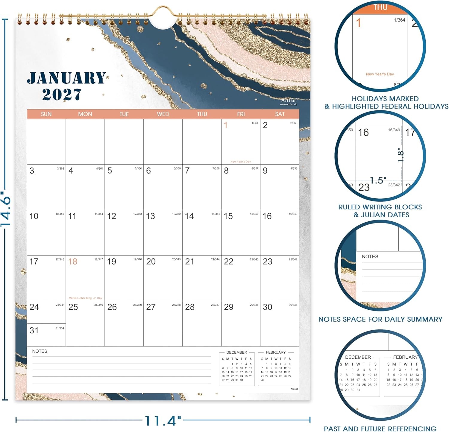 2027 Wall Calendar – JAN 2027 – DEC 2027, 12 Monthly Calendar, 2027 Pink