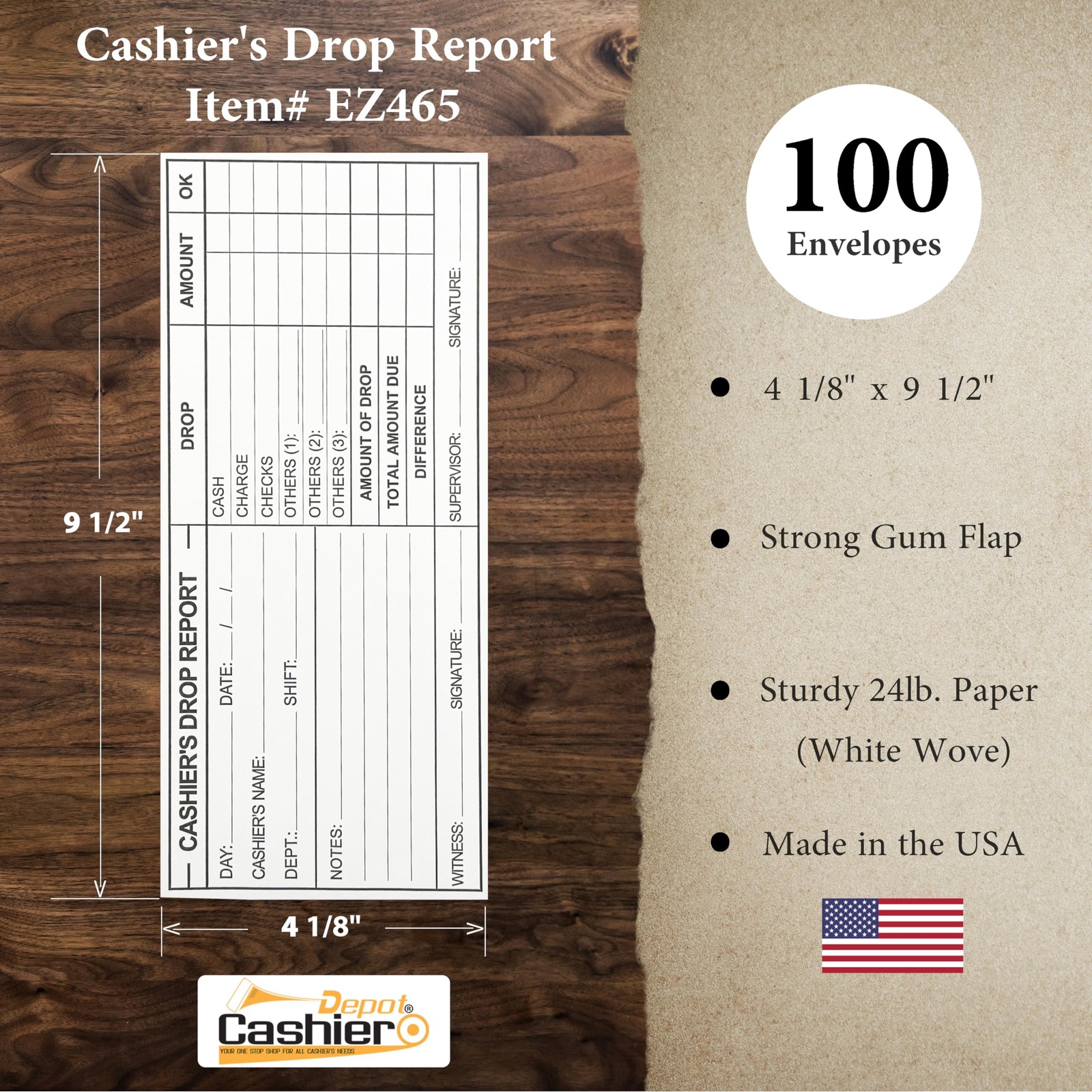100 PCS EZ465 Cashier Drop Report Envelope 4 1/8 x 9 1/2 Inch Open End 24lb