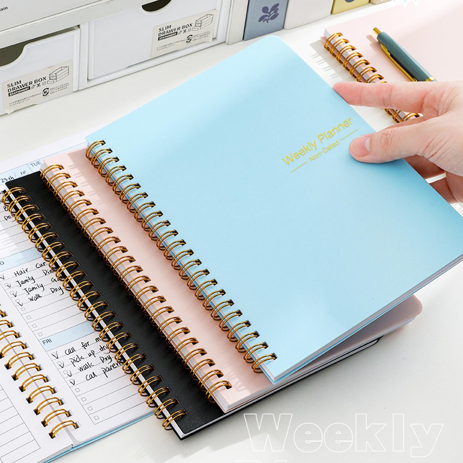 Undated Weekly Planner with Goal & Habit Tracker Notebook, Small Light Blue