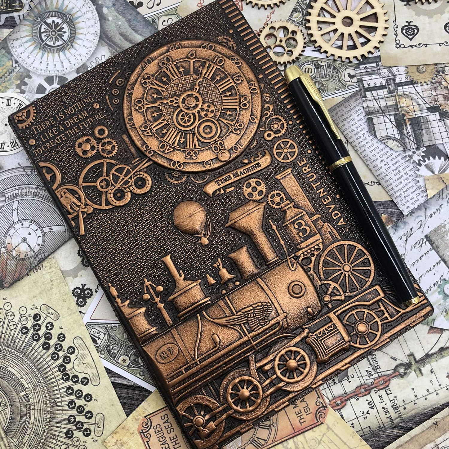 Vintage Train Embossed Leather Writing Journal Notebook with Pen Set,Antique Han