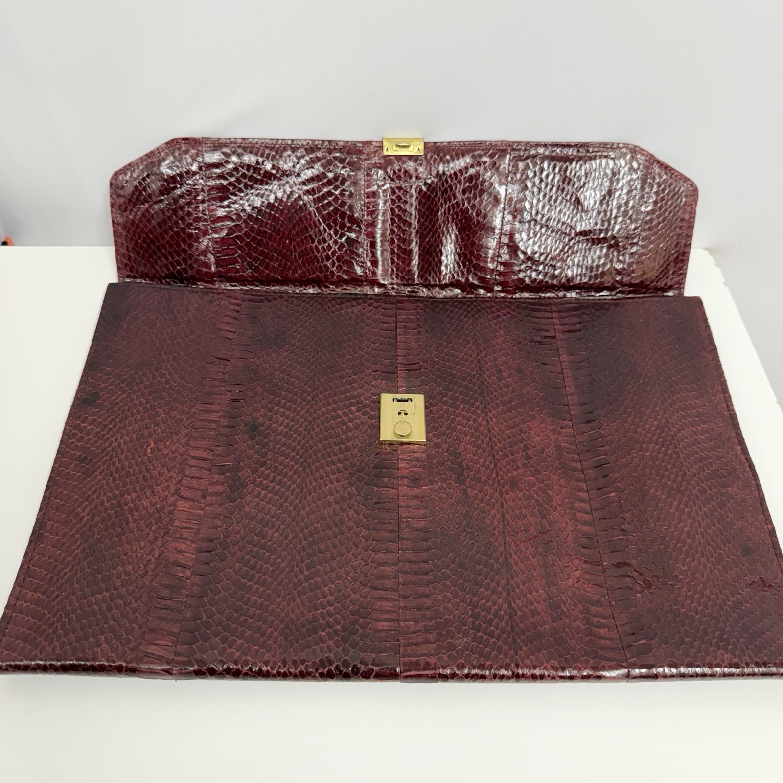 Vintage Snakeskin Portfolio Clutch Burgundy Large 15″ by 9 7/8″ For Laptop IPad