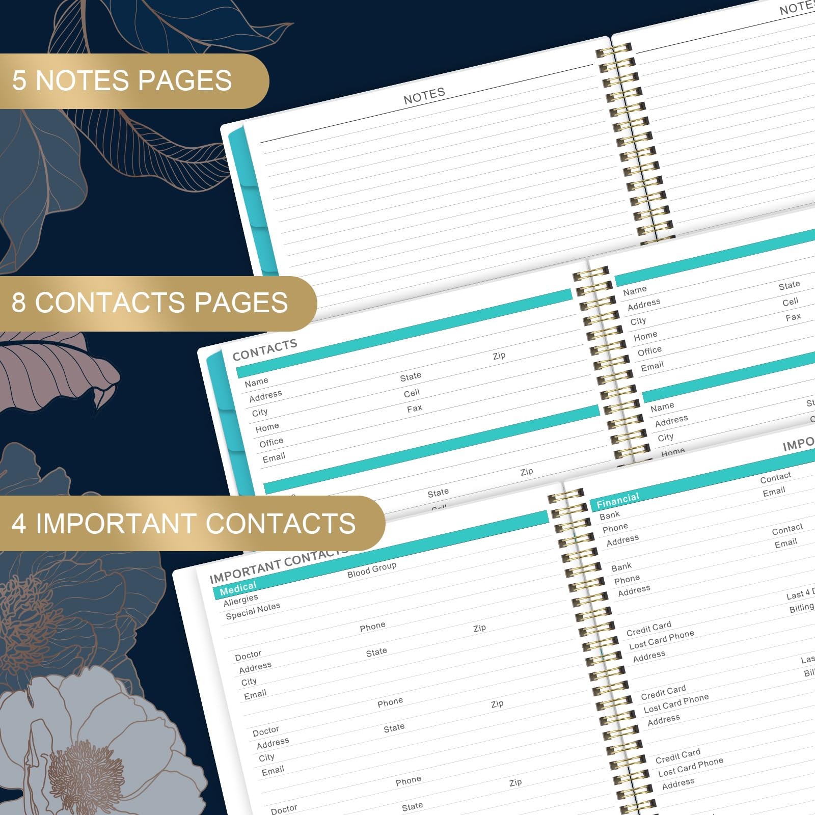 Monthly Calendar 2026, Twin Wire Binding, Floral Design, Thick Paper, Blue