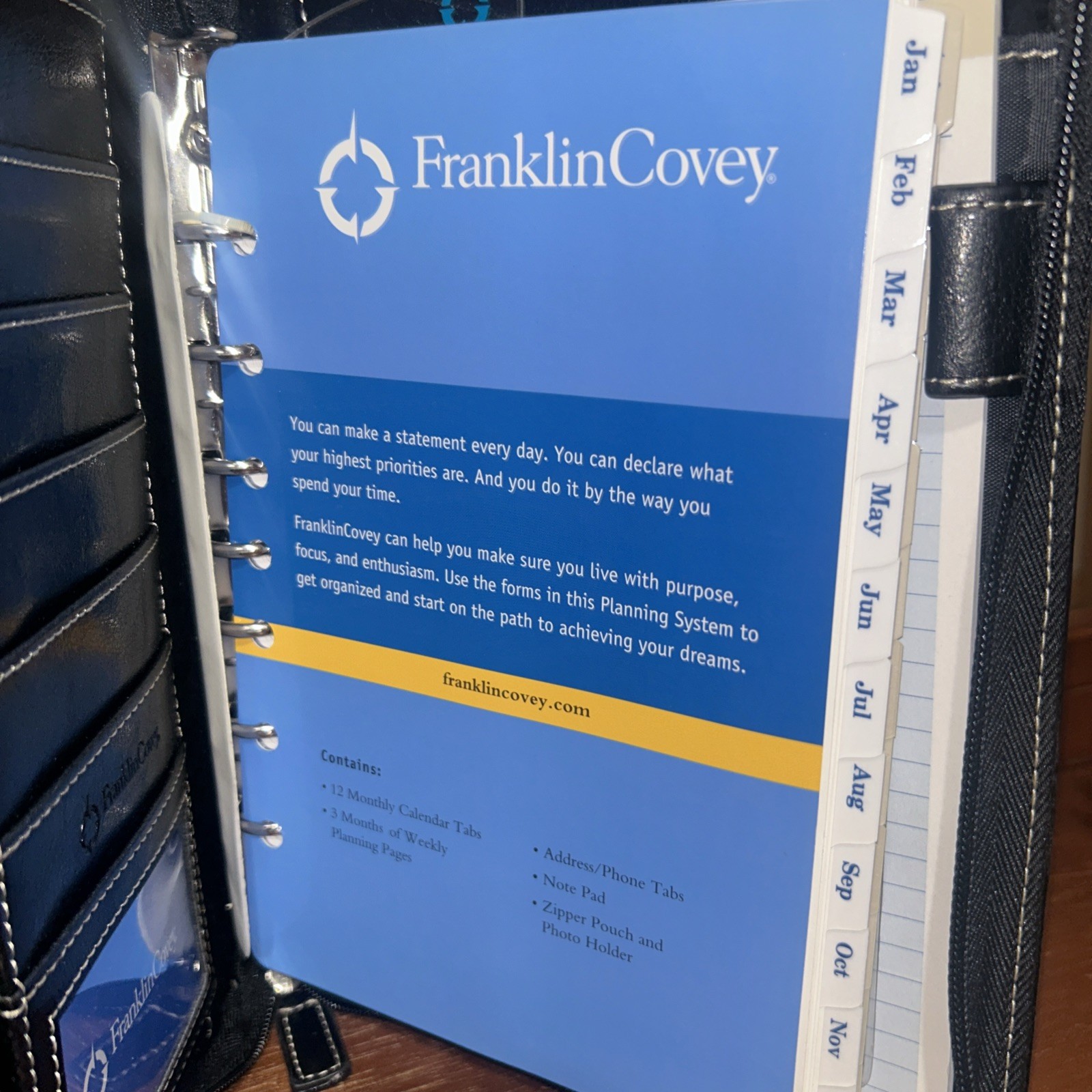 Franklin Covey 7 Ring Planner Organizer Pockets Wallet Zip Black Faux Leather FS