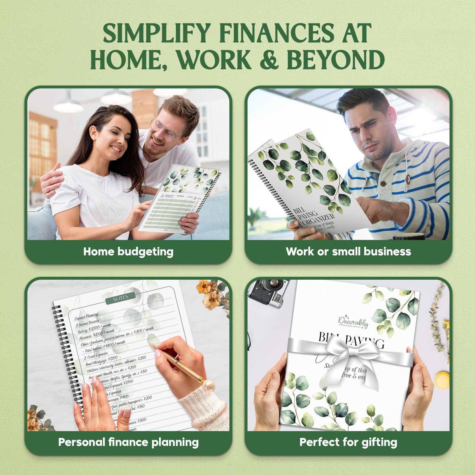Decorably 14 Pages 9x12in Eucalyptus Monthly Bill 9×12 inches, Green