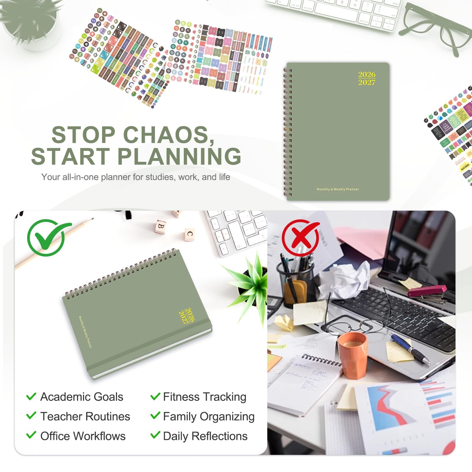Planner 2026-2027, Weekly and 6.3″x8.5″(Jul 2026-Jun 2027), 2607-B-Green