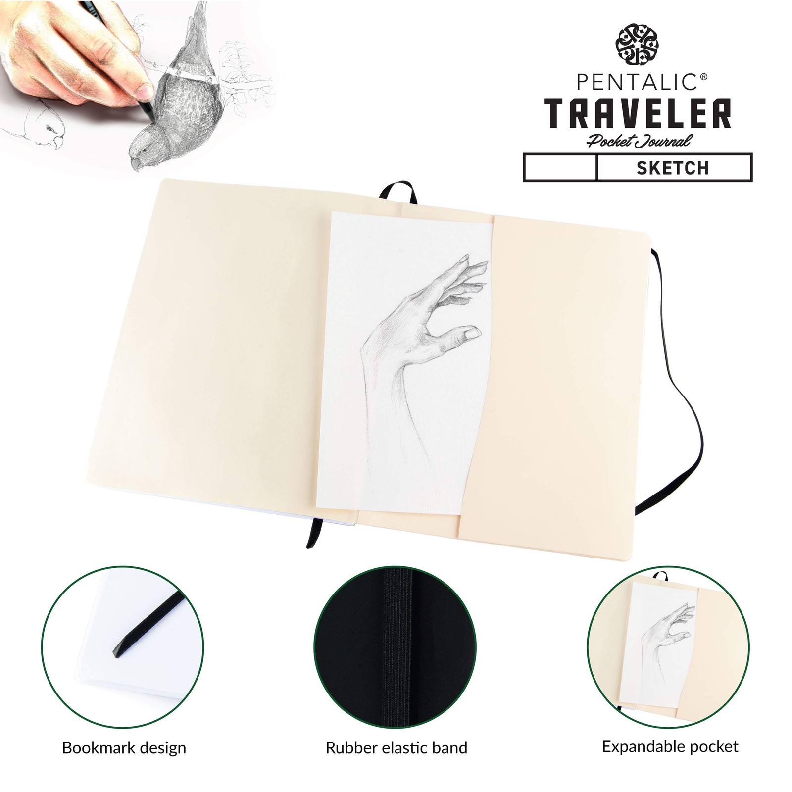 Pentalic 8″ x 10″ Pocket Sketchbook Traveler Journal, 160 Pages, Black