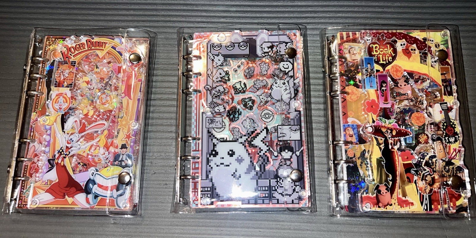 3pc Kawaii Shaker Binder Lot A6 6-Ring Planner Journal Pikachu Roger Rabbit Book