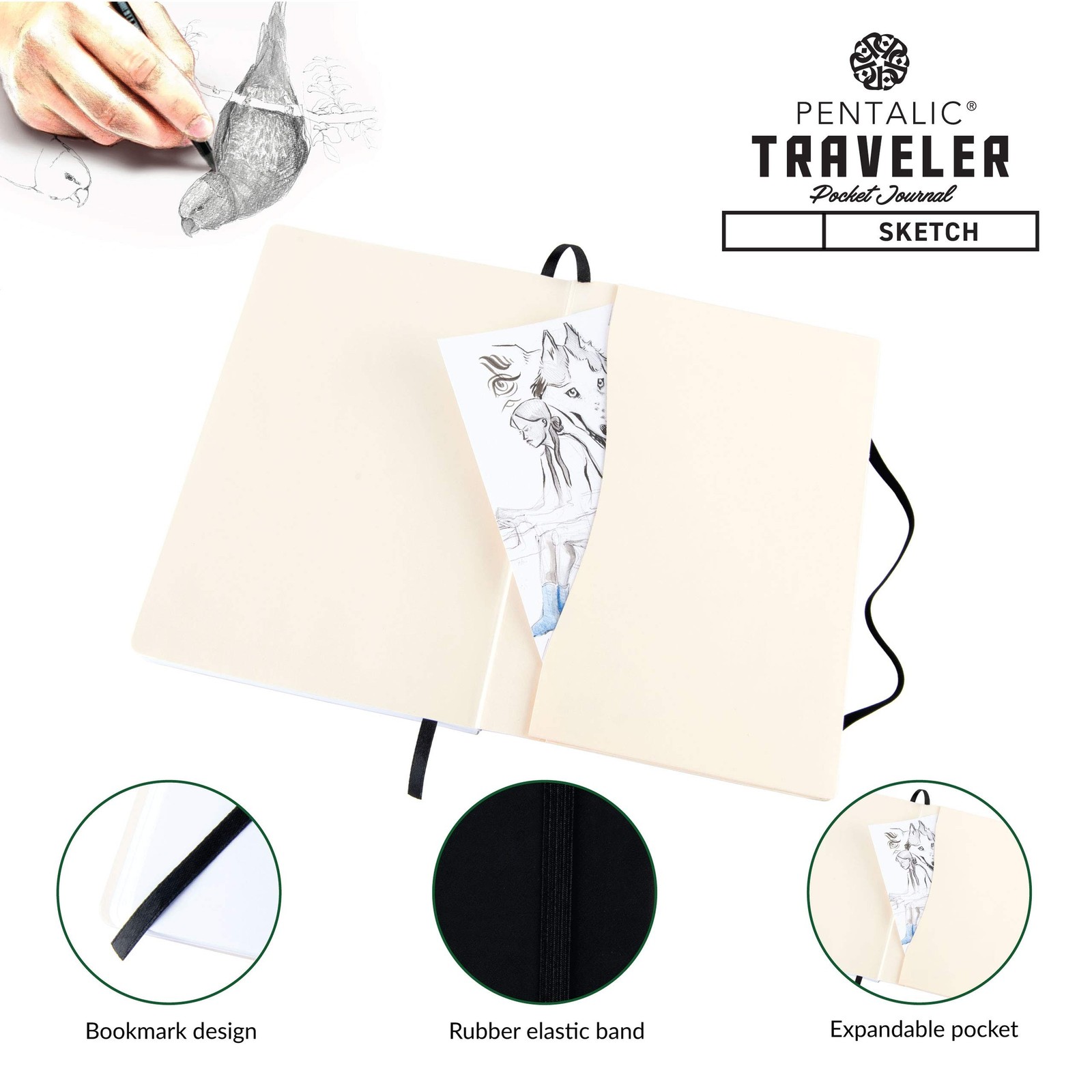 Pentalic 6″ x 8″ Pocket Sketchbook Traveler Journal, 160 Pages, Black