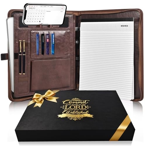 Men’s Leather Portfolio with Laptop Pocket, Zippered Padfolio Binder, Business O