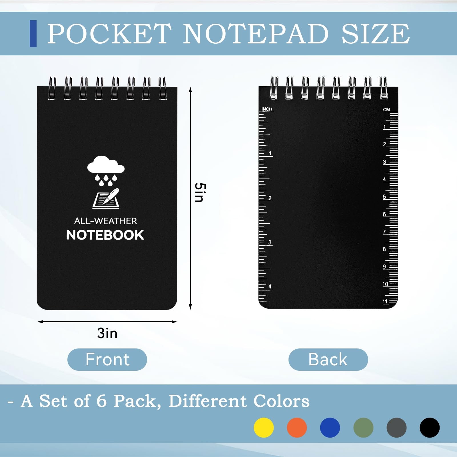COIDEA 6 Pack Waterproof Notebook, 3 x 5 Pocket Notepad, Top-Spiral Rainbow