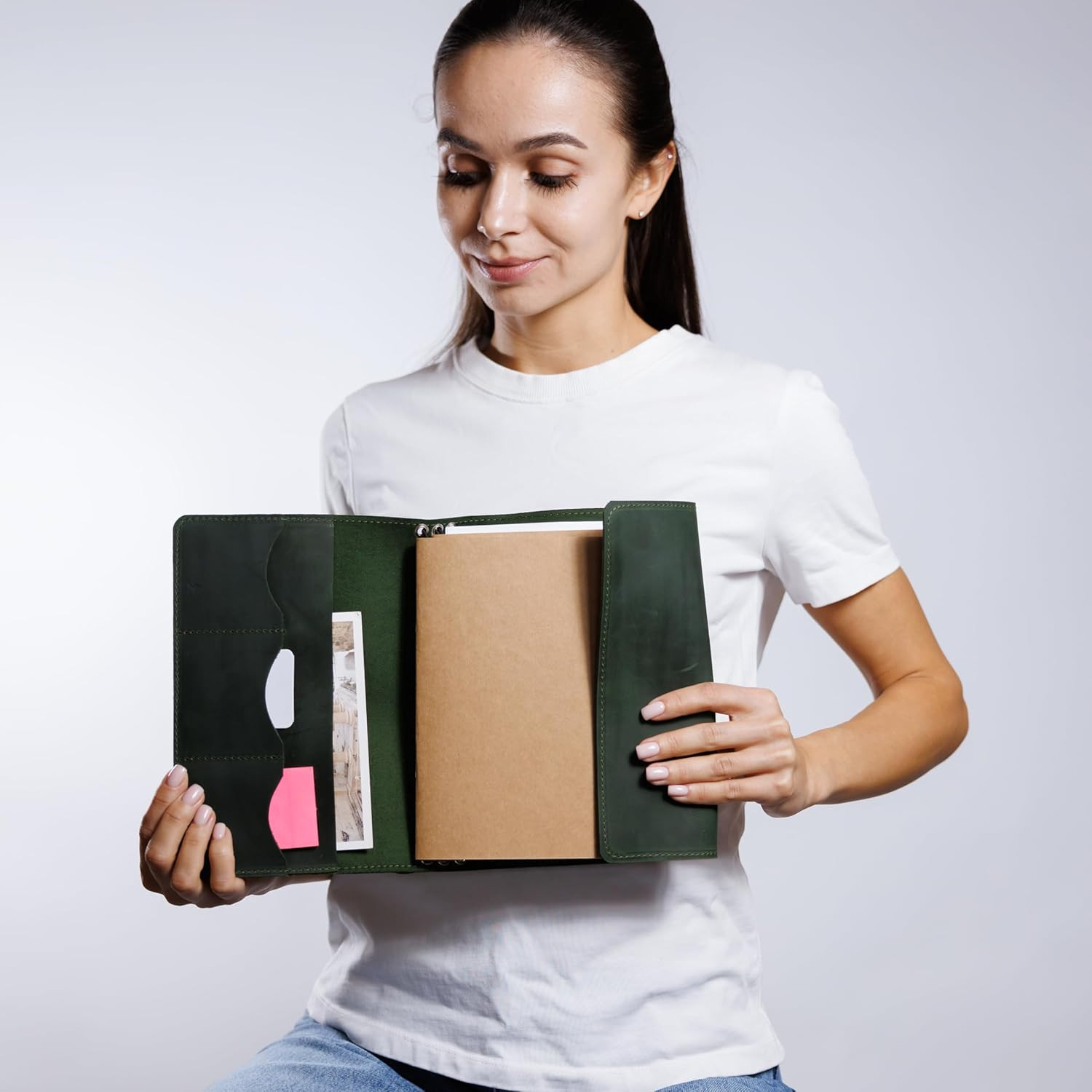 Leather A5 Notebook Cover – Refillable Journal Cover with Pen Holder & Card Slot