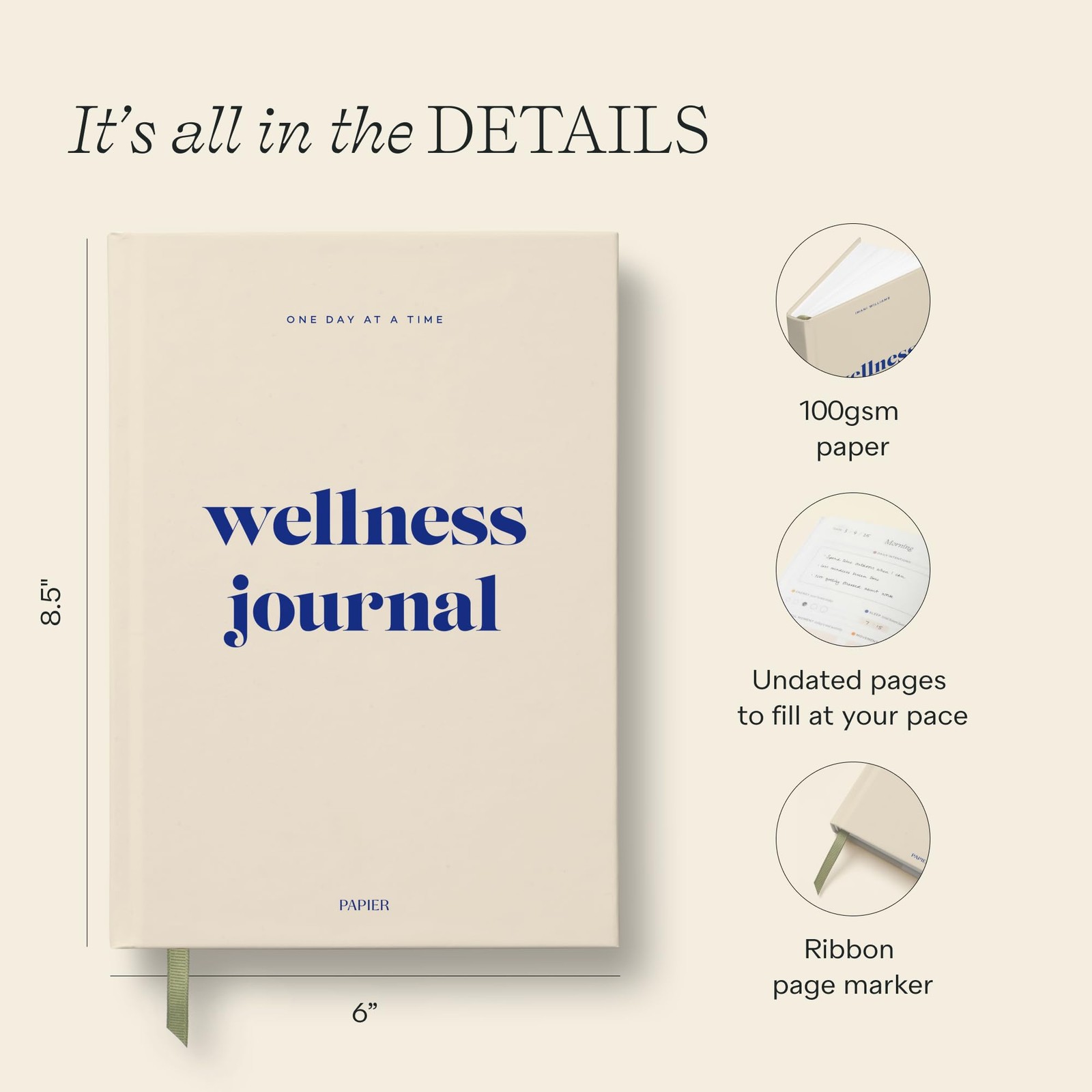 Papier Daily Wellness Journal Diary – Beige, 8.46″L x 6.02″W | Hardback Cover