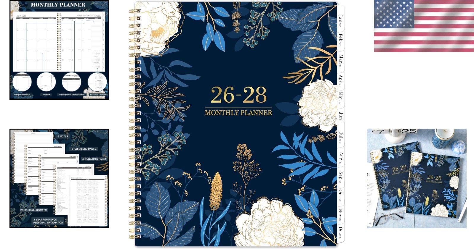 Thicker 2026-2028 Monthly Planner – Twin-Wire Binding & Back Pocket, 11″x9″