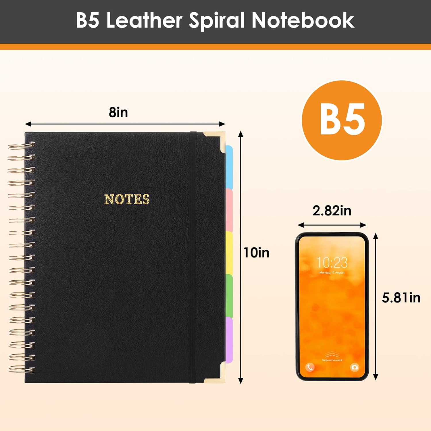 Leather Spiral 5 Subject Notebook with Removable Dividers Tabs, 300 Pages B5 Har