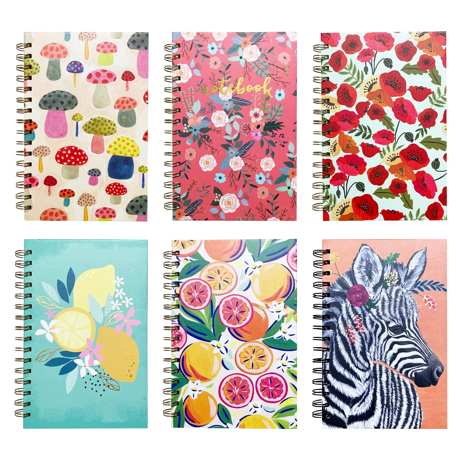 Colorful Notebook Spiral Journal Hardcover 8.75″ OCS Designs Flower Zebra Citrus