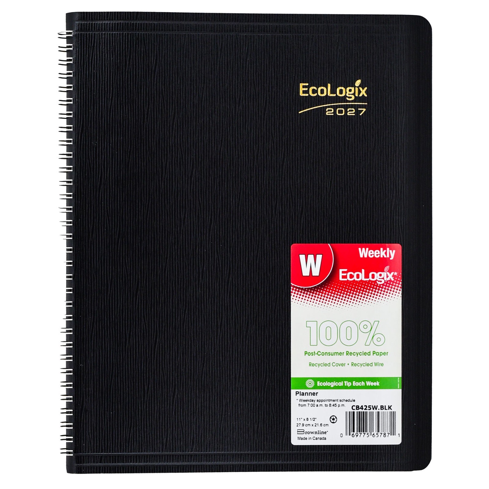 2025 Brownline EcoLogix CB425W.BLK Weekly Appointment Book, 8-1/2 x 11″