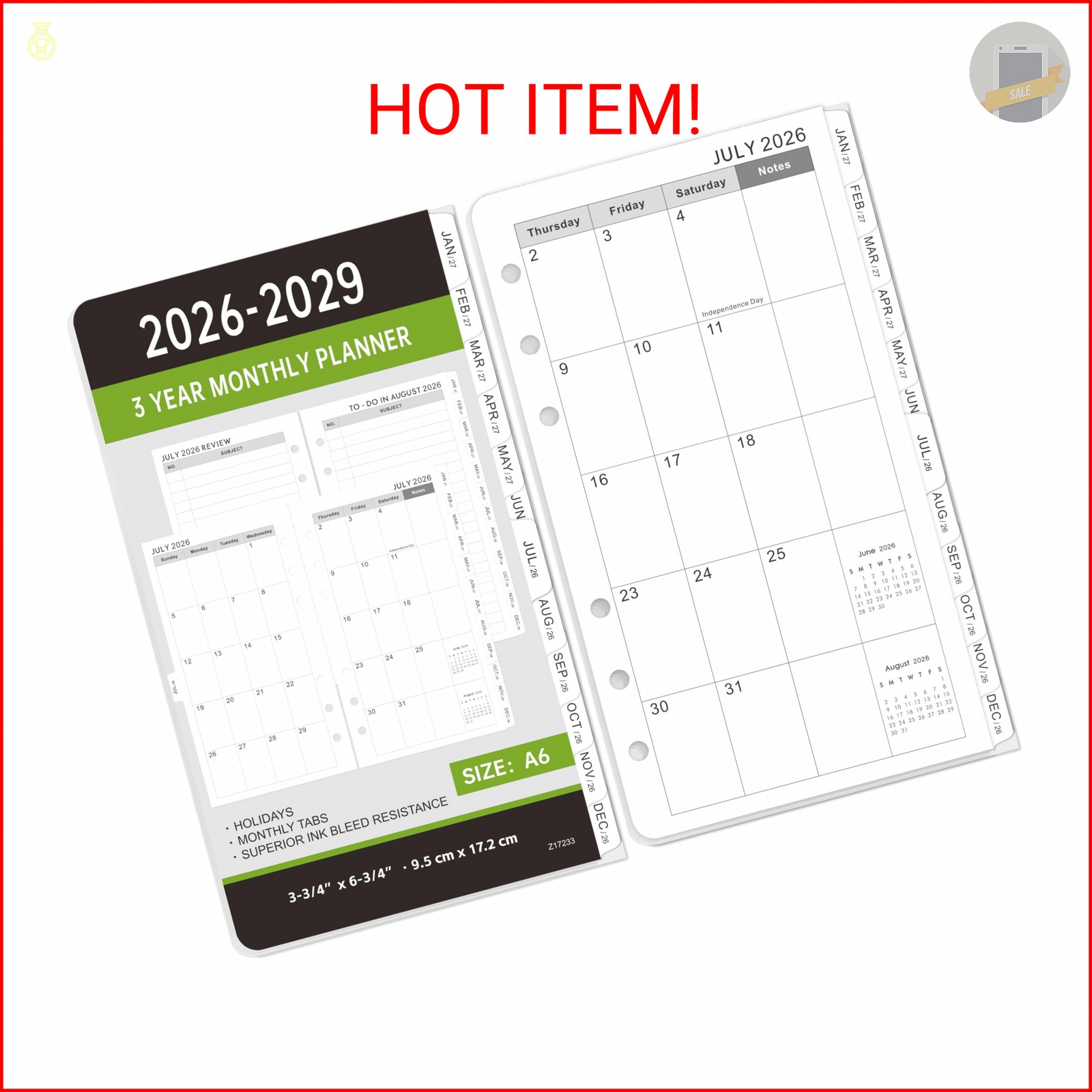 2026-2029 Monthly Planner Refill – A6 Size, Planner Inserts with 6-Hole Punched,