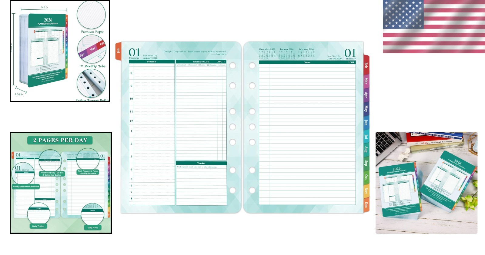 Refillable 2026 Planner – 2 Pages Per Day Organizer with Inspirational Quotes