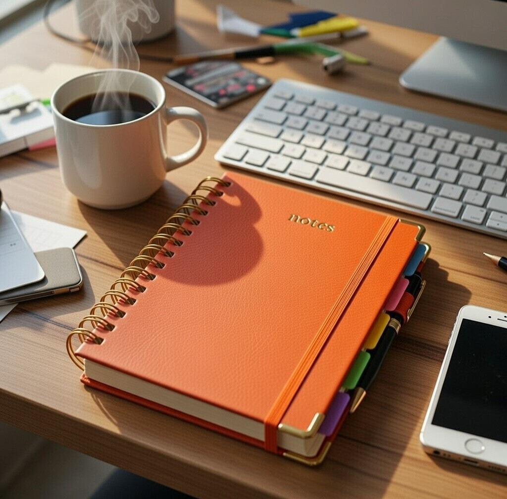 Luxury A5 Orange Leather Planner – 300 Page Spiral Journal – Hardcover Notebook