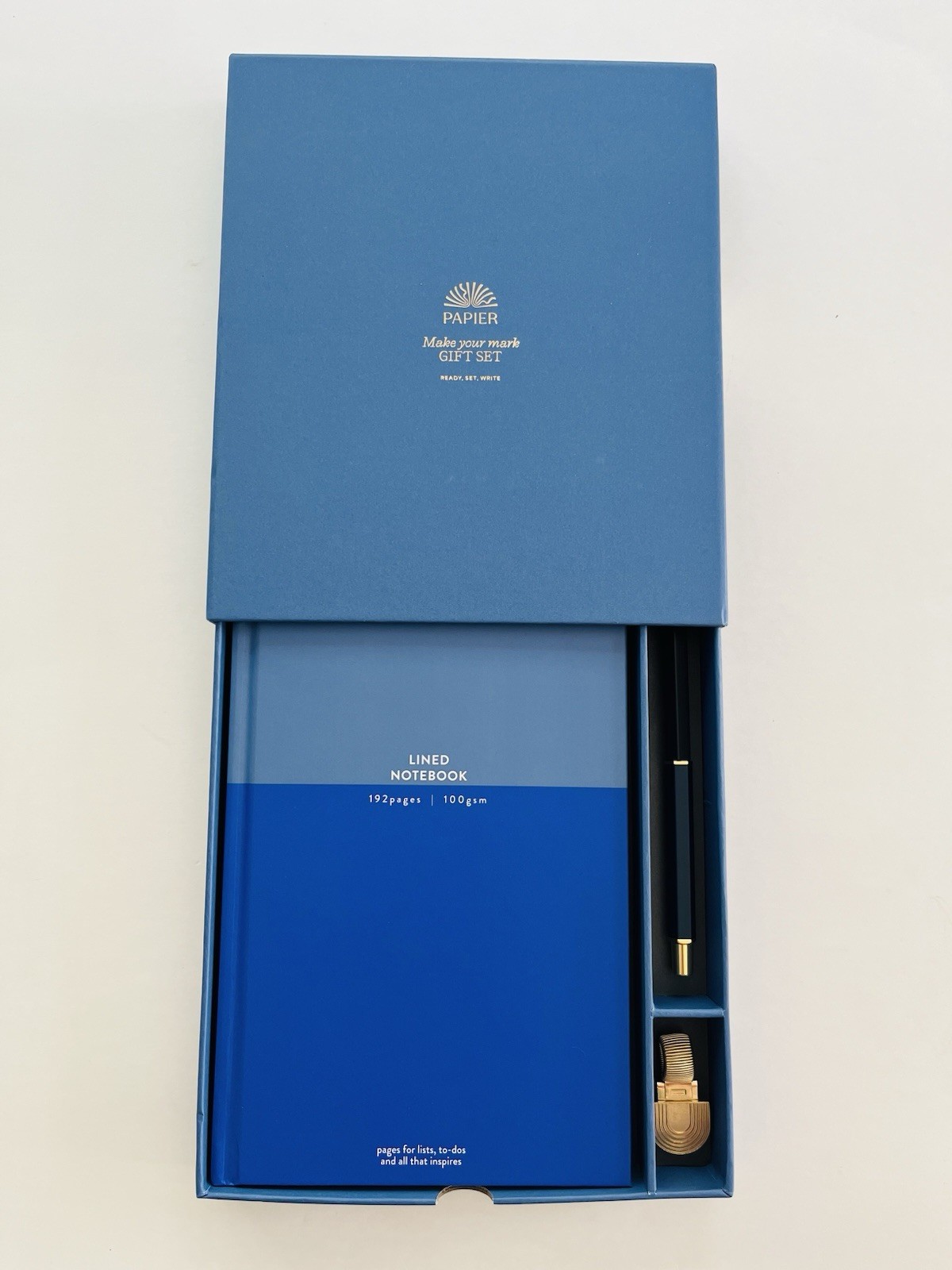NEW Papier Make Your Mark Gift Set Blue Colorblock Lined Journal Pen Clip