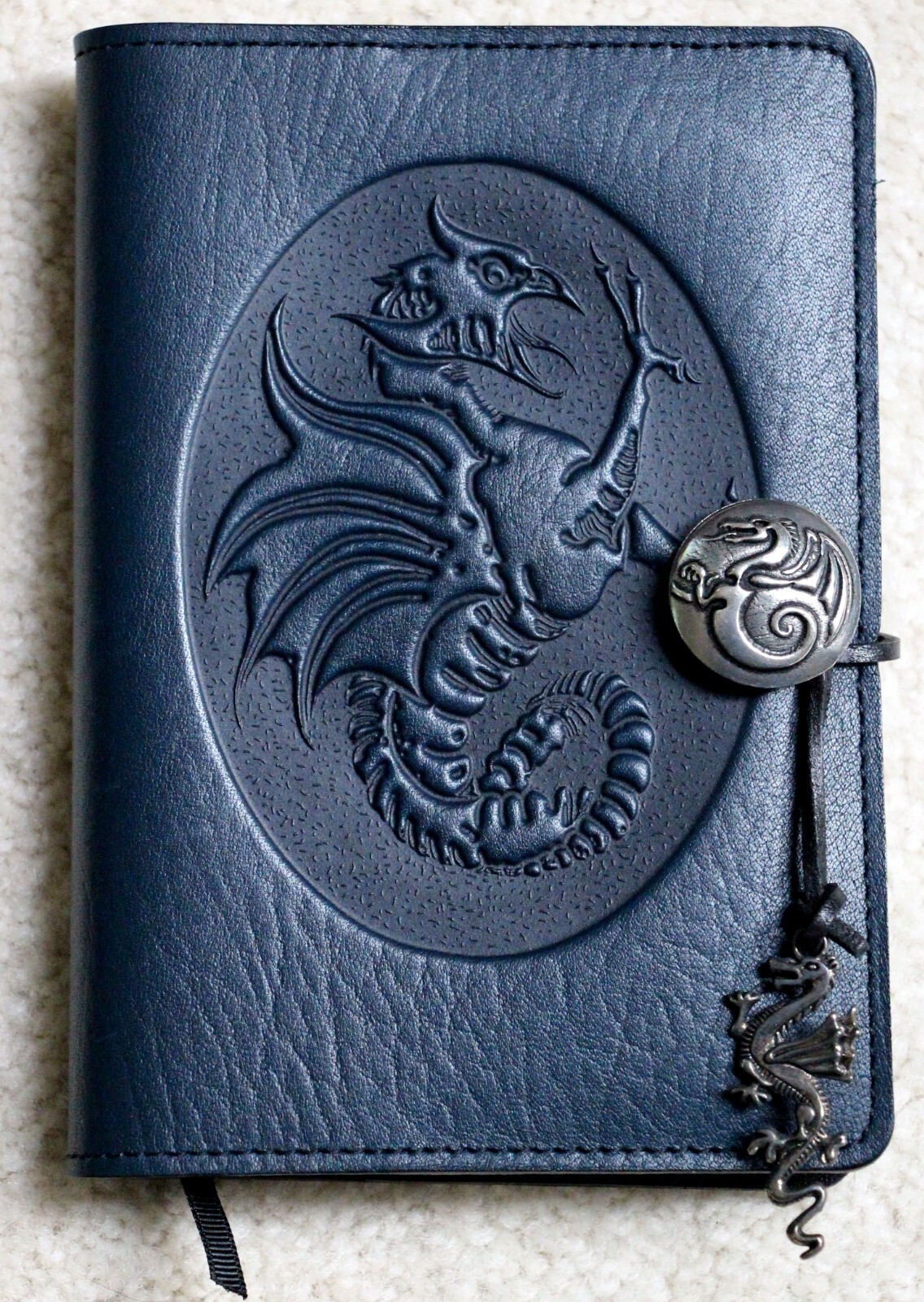 Oberon Design Leather Small Journal Cover DRAGON-COCKATRICE in NAVY