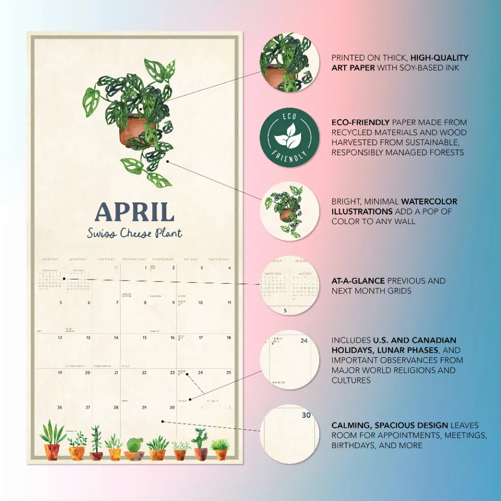 Houseplants Calendar 2026 | 12″ x 24″ 12 Month Calendar | Marble City Press