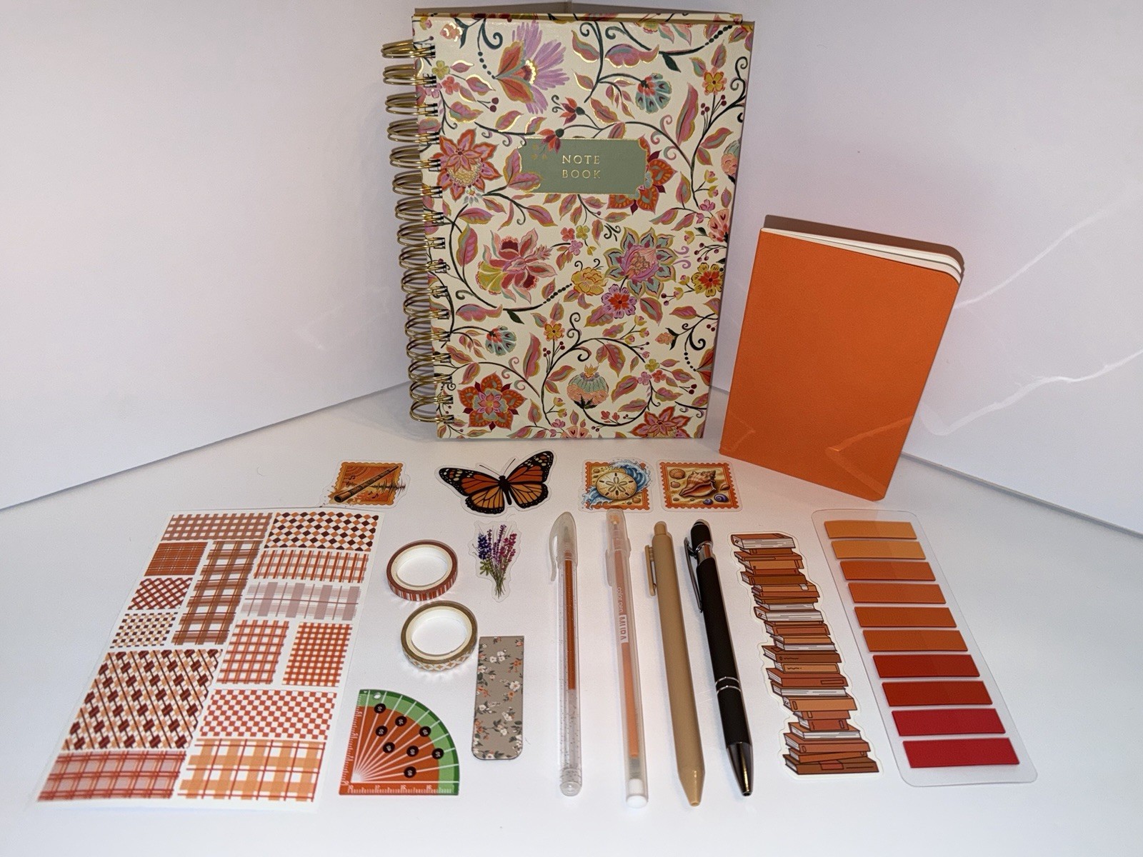 Floral Multi Colored Journal with various Orange Stationary 18 pc Lot